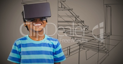 Boy in virtual reality headset against brown hand drawn office