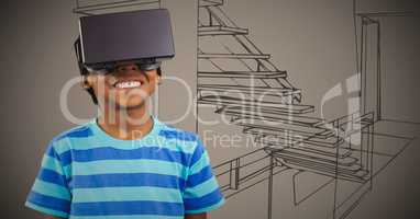 Boy in virtual reality headset against brown hand drawn office