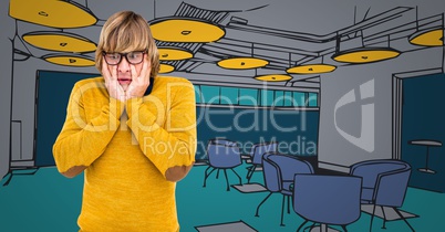 Frustrated millennial against 3d blue and yellow hand drawn office