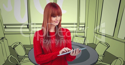 Millennial woman with tablet against 3D green hand drawn office