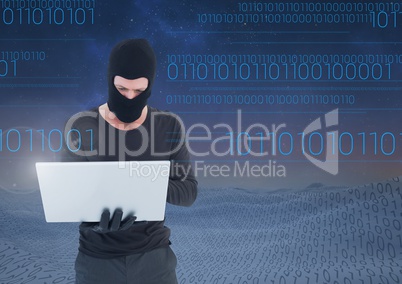 Hacker using a laptop in front of digital numbers