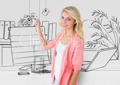 young woman drawing the 3D blueprint of her new office
