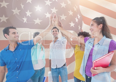 AFriends high fiving against american flag