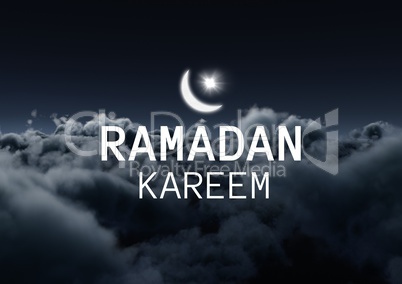 White ramadan graphic with flare against 3D clouds at night