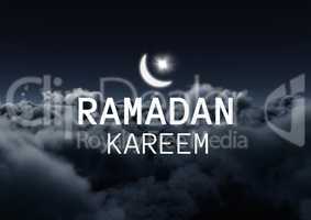 White ramadan graphic with flare against 3D clouds at night