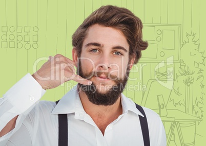 Millennial man making phone gesture against green hand drawn office