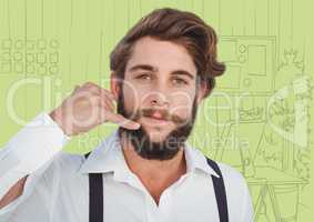 Millennial man making phone gesture against green hand drawn office