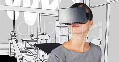 Business woman in virtual reality headset against 3D grey hand drawn office