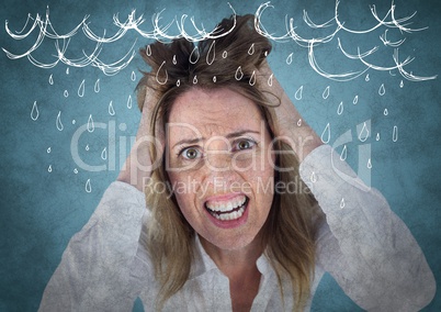 Frustrated business woman against blue background and grunge overlay with white rain graphics