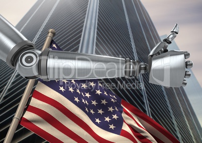Robot with thumbs up against 3D american flag and skyscraper