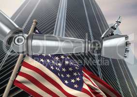 Robot with thumbs up against 3D american flag and skyscraper
