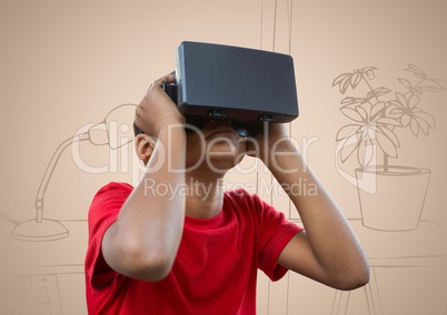 Boy in virtual reality headset against cream hand drawn office