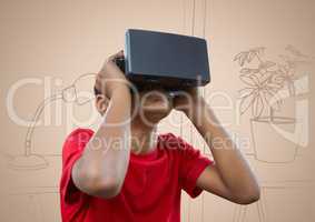 Boy in virtual reality headset against cream hand drawn office