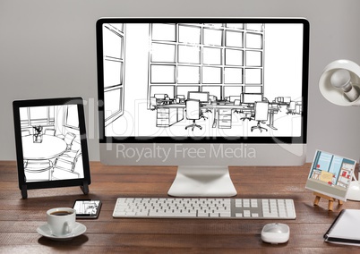 desk with tablet, computer and phone. 1 office blueprint in each one. (all white and black)
