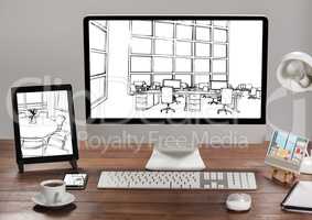 desk with tablet, computer and phone. 1 office blueprint in each one. (all white and black)