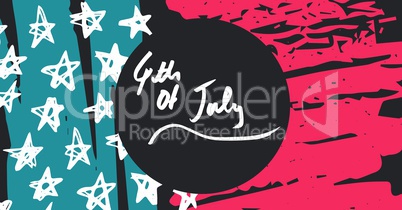 White fourth of July graphic in grey circle against hand drawn hand drawn pink, blue, white and grey