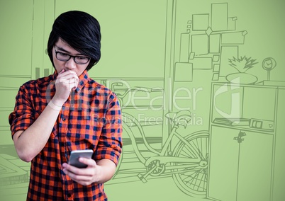 Millennial man texting against green hand drawn office