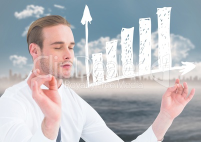 Business man meditating against blurry skyline and water with white graph