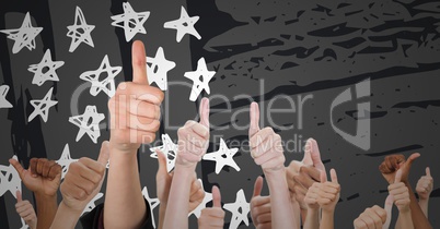 Thumbs up against grey hand drawn american flag
