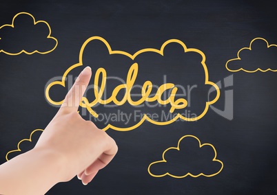 Hand pointing at yellow idea doodle against navy background