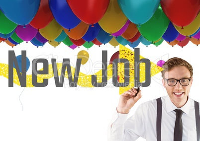 Young happy businessman with balloons behind writing NEW JOB on the screen