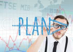 Young businessman with glasses writing Plan with 3D arrow in the screen. Stock market background