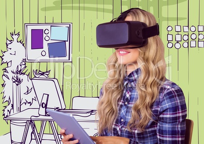 Woman in virtual reality headset with tablet against 3D green hand drawn office