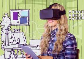Woman in virtual reality headset with tablet against 3D green hand drawn office