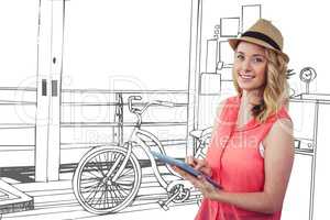 Smiling blond woman using a digital tablet with a black and 3D white drawing on background