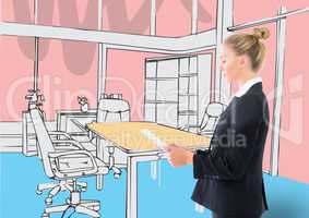 young businessman on 3D new office lines. White colors