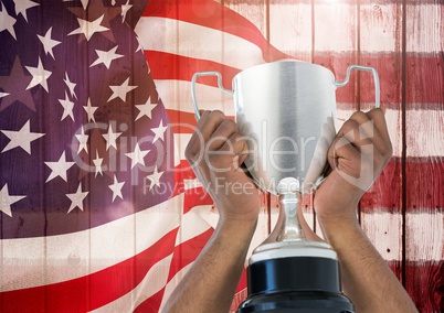 Hands holding a cup against american flag