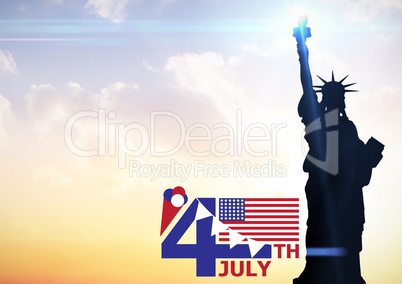 Fourth of July graphic with flags and ice cream against evening sky with statue of liberty