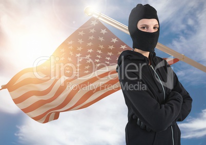 3D American Flag with woman in balaclava