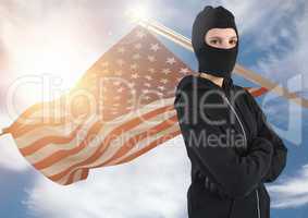 3D American Flag with woman in balaclava