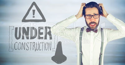 Frustrated business woman against brown background and construction graphic