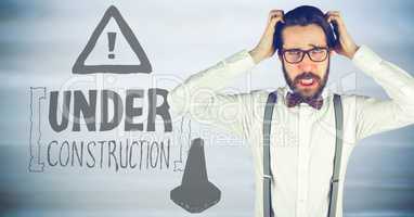 Frustrated business woman against brown background and construction graphic