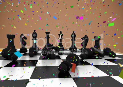 3D Chess pieces against brown background with confetti