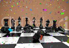 3D Chess pieces against brown background with confetti