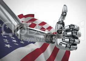 Robot with thumb up against american flag