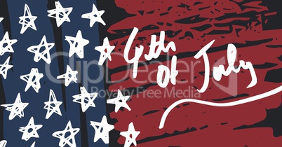 White fourth of July graphic against hand drawn american flag