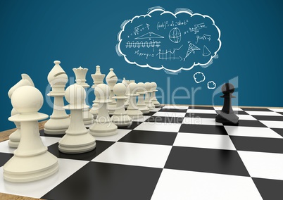 3D Chess pieces against blue background and thought cloud with math doodles