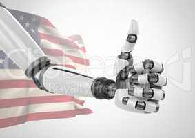 Robot with thumbs up  against american flag