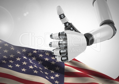 Robot with thumb up  against american flag