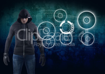 Hacker in front of blue digital background