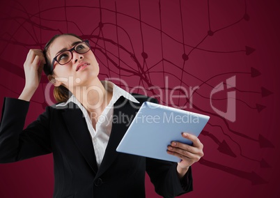 Frustrated business woman with tablet against maroon background and graph