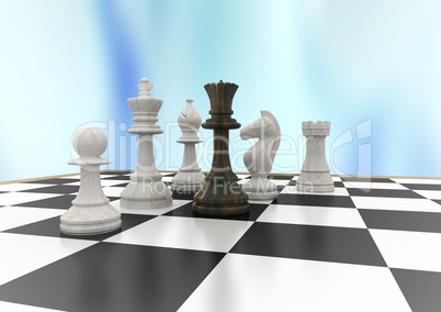 3D Chess pieces against blue abstract background