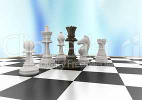 3D Chess pieces against blue abstract background