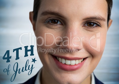 Portraiture of woman with blue fourth of July graphic against blurry blue wood panel