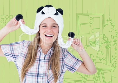 Millennial woman in panda hat against green hand drawn office