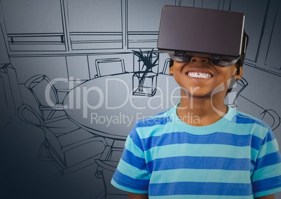 Boy in virtual reality headset against navy hand drawn office